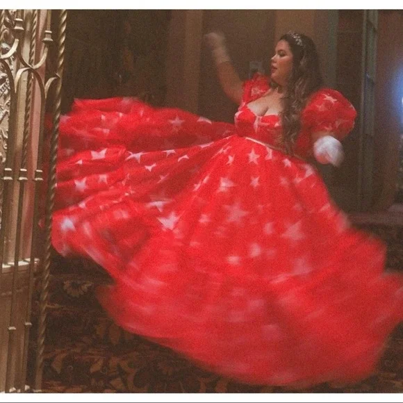 NWT Selkie Red and White Star Ritz Puff Sleeve Organza Maxi Gown Size Small - Picture 3 of 13